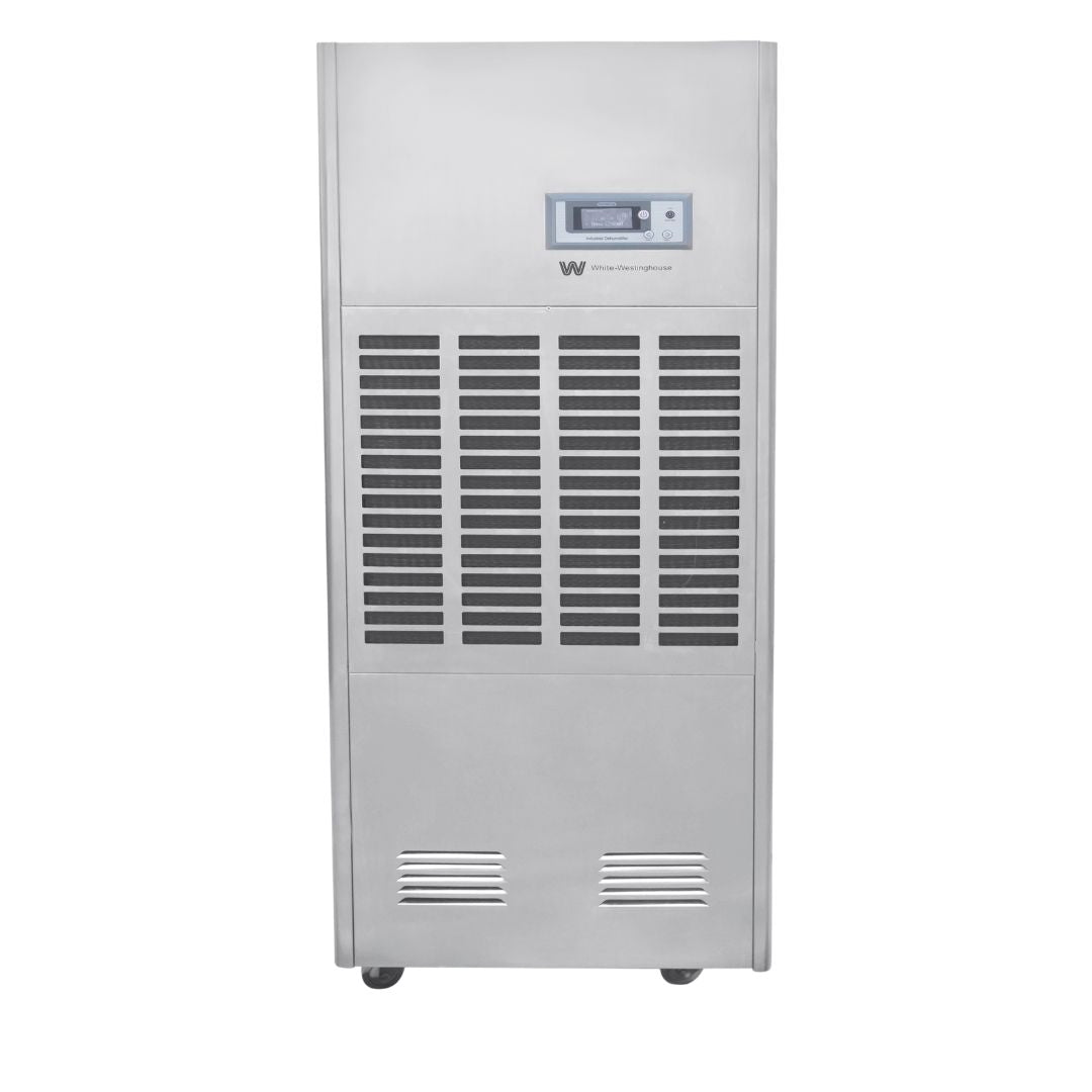 White Westinghouse WDE150S dehumidifier from JET INDIA, showing a sleek appliance with digital controls and a large water collection tank.