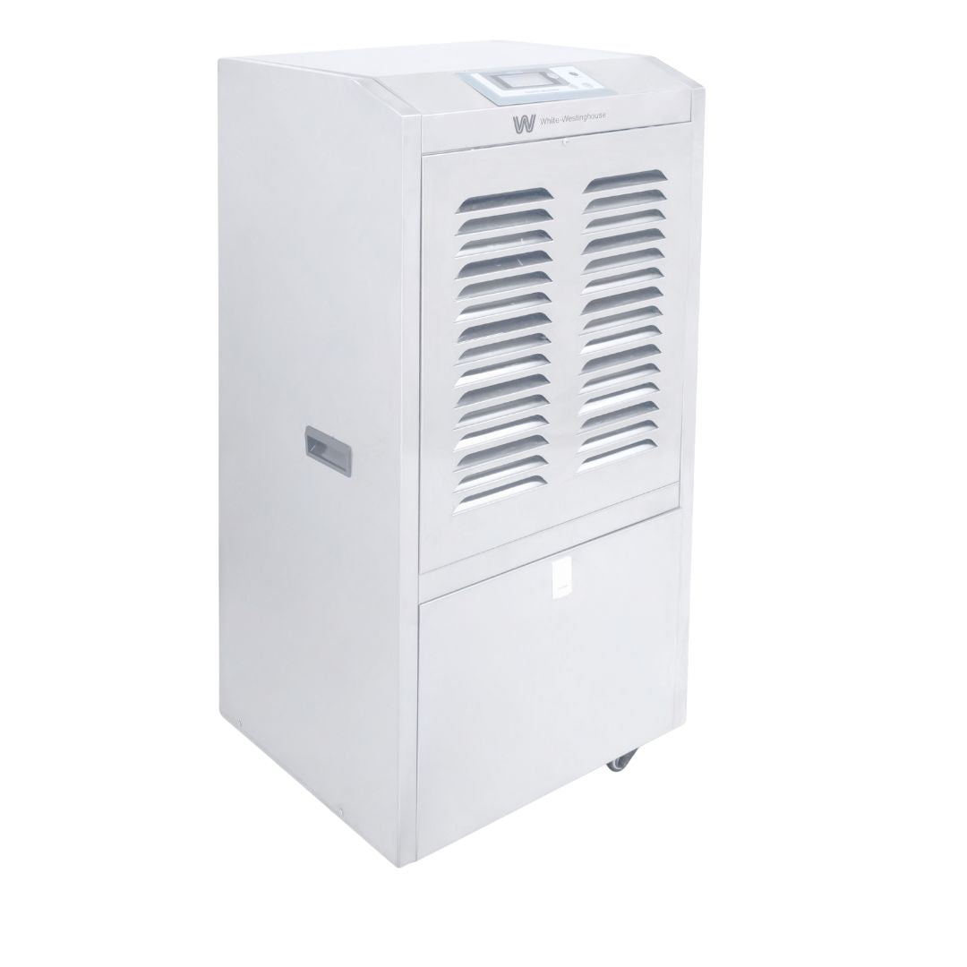 White Westinghouse WDE 110S dehumidifier by JET INDIA showing a sleek, modern appliance with digital controls on a neutral background.