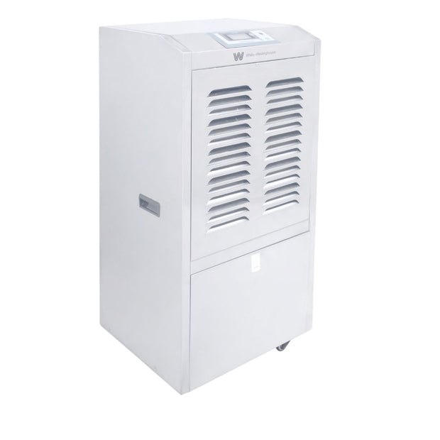 White Westinghouse WDE 110S dehumidifier by JET INDIA showing a sleek, modern appliance with digital controls on a neutral background.
