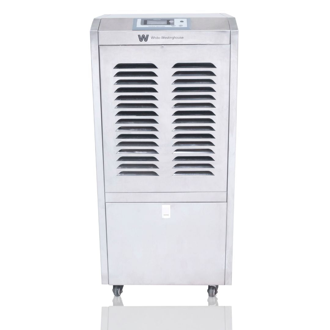 White Westinghouse WDE 110S dehumidifier by JET INDIA, showing its sleek design and control panel for 110 liters per day moisture removal.