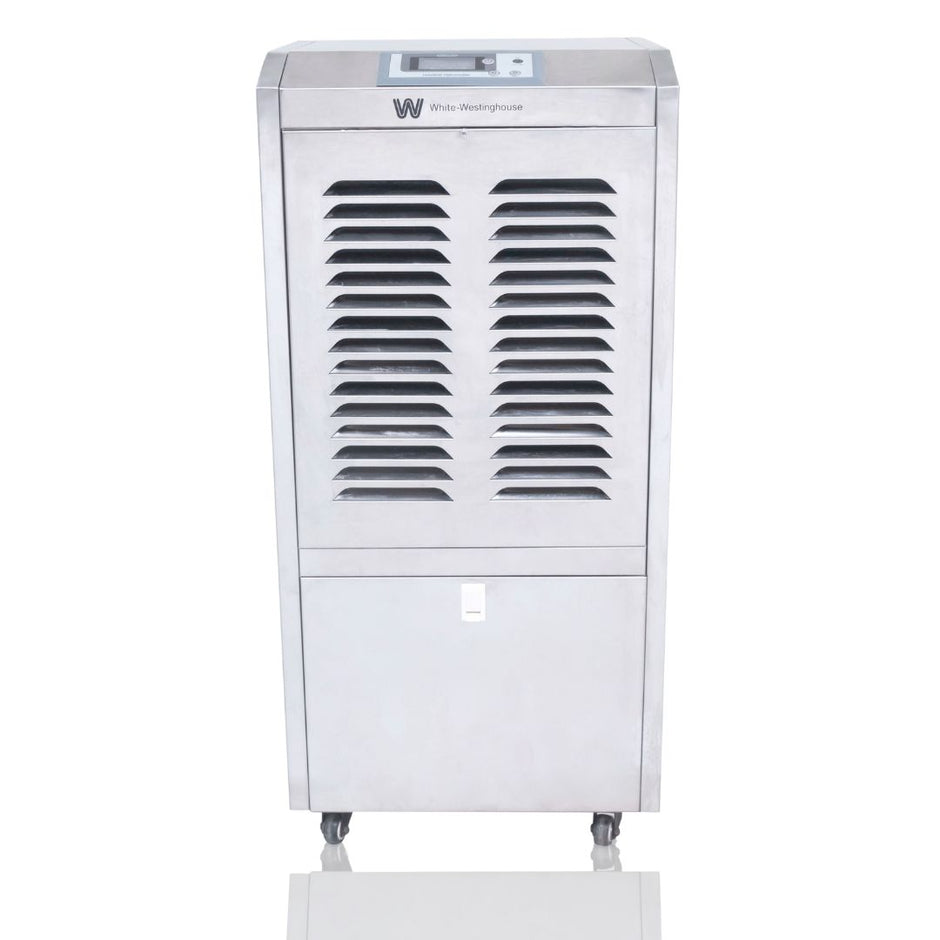 White Westinghouse WDE 110S dehumidifier by JET INDIA, showing its sleek design and control panel for 110 liters per day moisture removal.