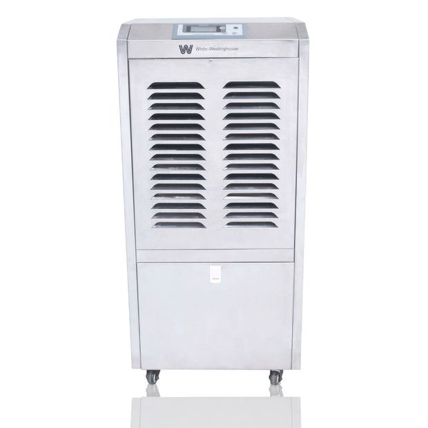 White Westinghouse WDE 110S dehumidifier by JET INDIA, showing its sleek design and control panel for 110 liters per day moisture removal.