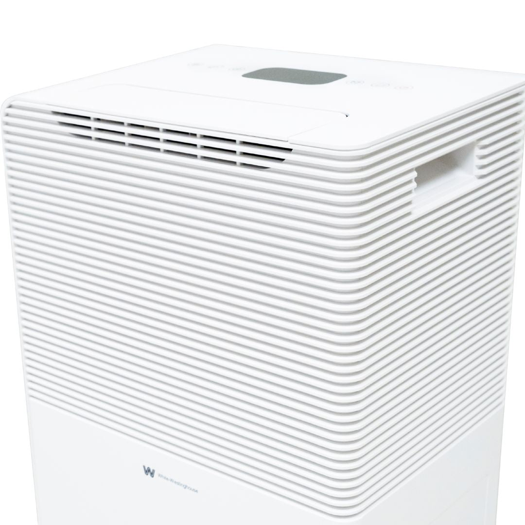 White Westinghouse AWHD-40L dehumidifier by JET INDIA showing a compact, modern appliance with digital controls and a water collection tank