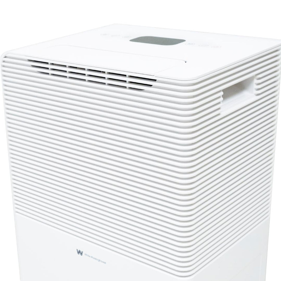 White Westinghouse AWHD-40L dehumidifier by JET INDIA showing a compact, modern appliance with digital controls and a water collection tank