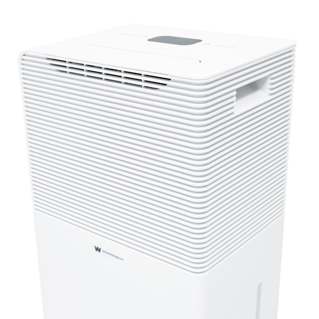 White Westinghouse AWHD-40L dehumidifier by JET INDIA, displaying a sleek design with control panel and water collection tank.