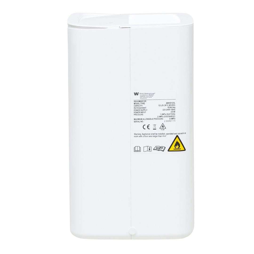 White Westinghouse AWHD-12L dehumidifier by JET INDIA, showing the compact appliance with digital controls and water collection tank.