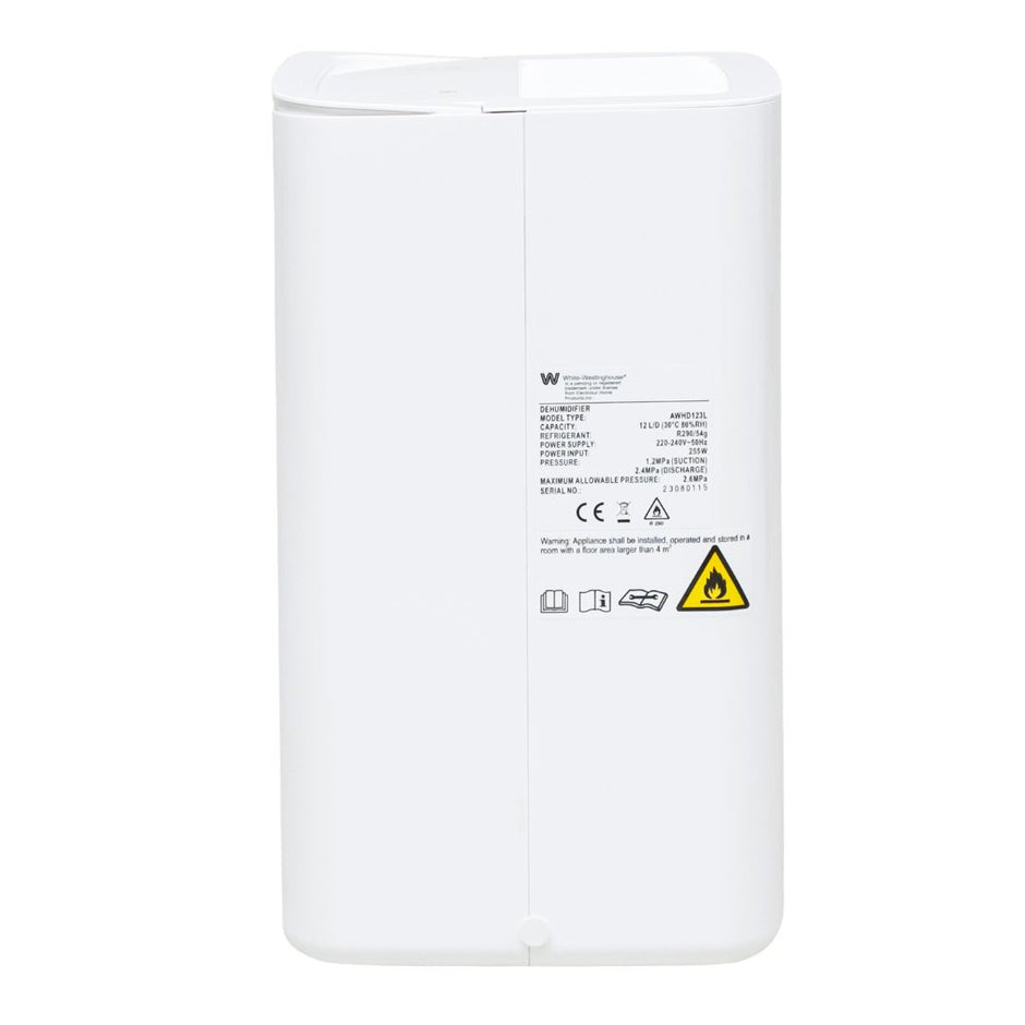 White Westinghouse AWHD-12L dehumidifier by JET INDIA, showing the compact appliance with digital controls and water collection tank.