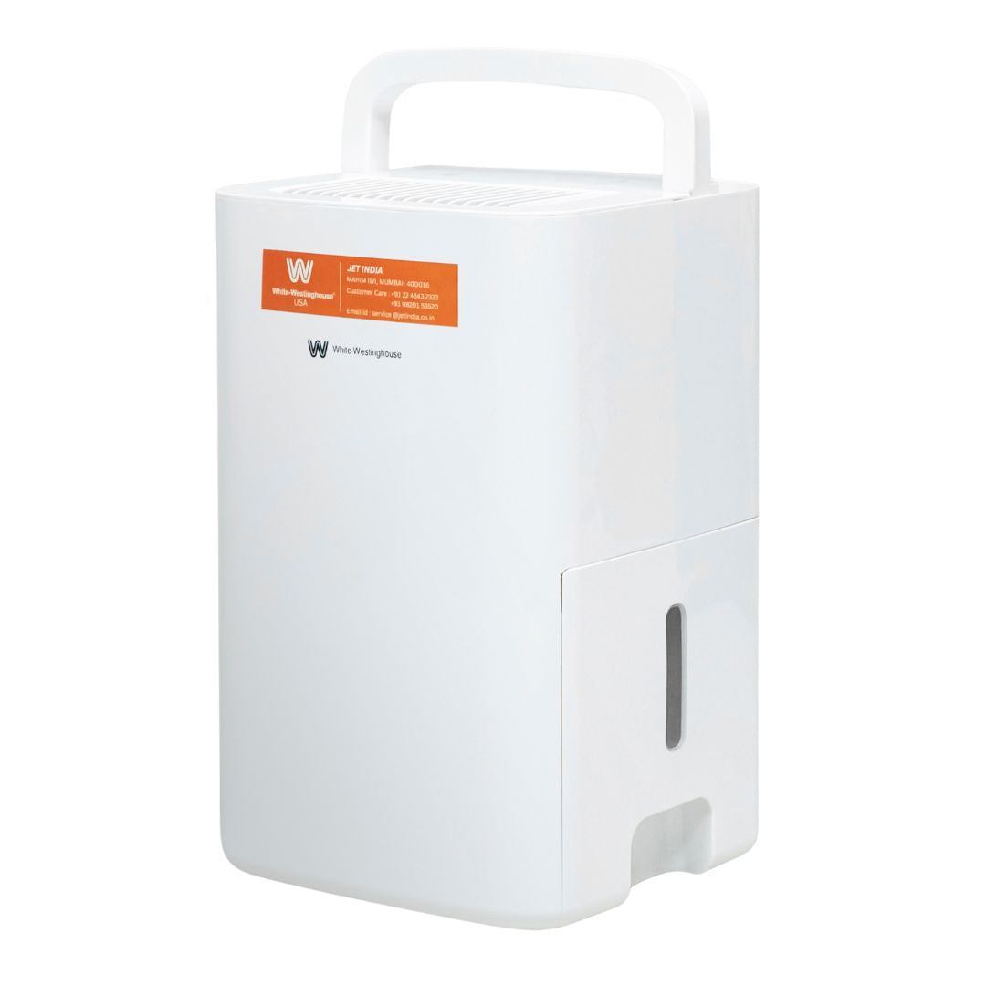White Westinghouse AWHD-12L dehumidifier by JET INDIA, showing a compact appliance with a digital control panel and water collection tank.
