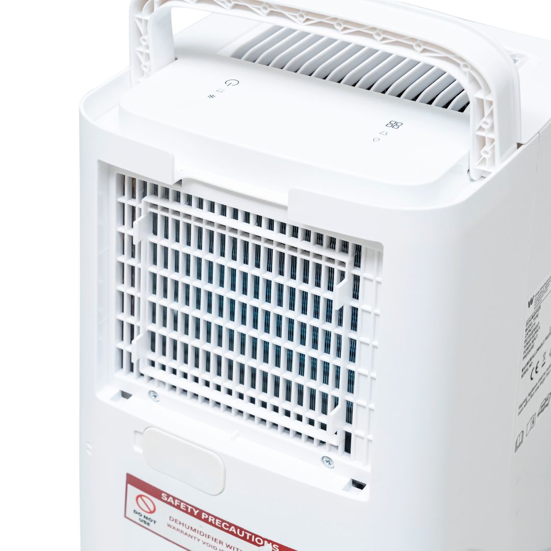 White Westinghouse AWHD-12L dehumidifier by JET INDIA showing a compact, modern design with control panel and water tank.