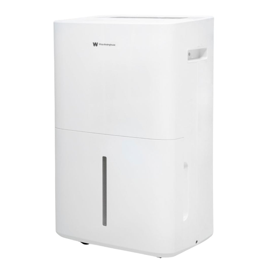 White Westinghouse AWHD-307L dehumidifier by JET INDIA showing front vent and control panel in a modern room setting