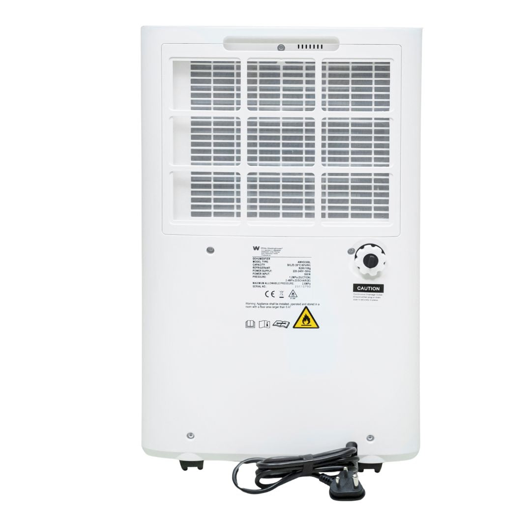 White Westinghouse AWHD-307L dehumidifier by JET INDIA with digital display and 30-litre daily moisture removal capacity.