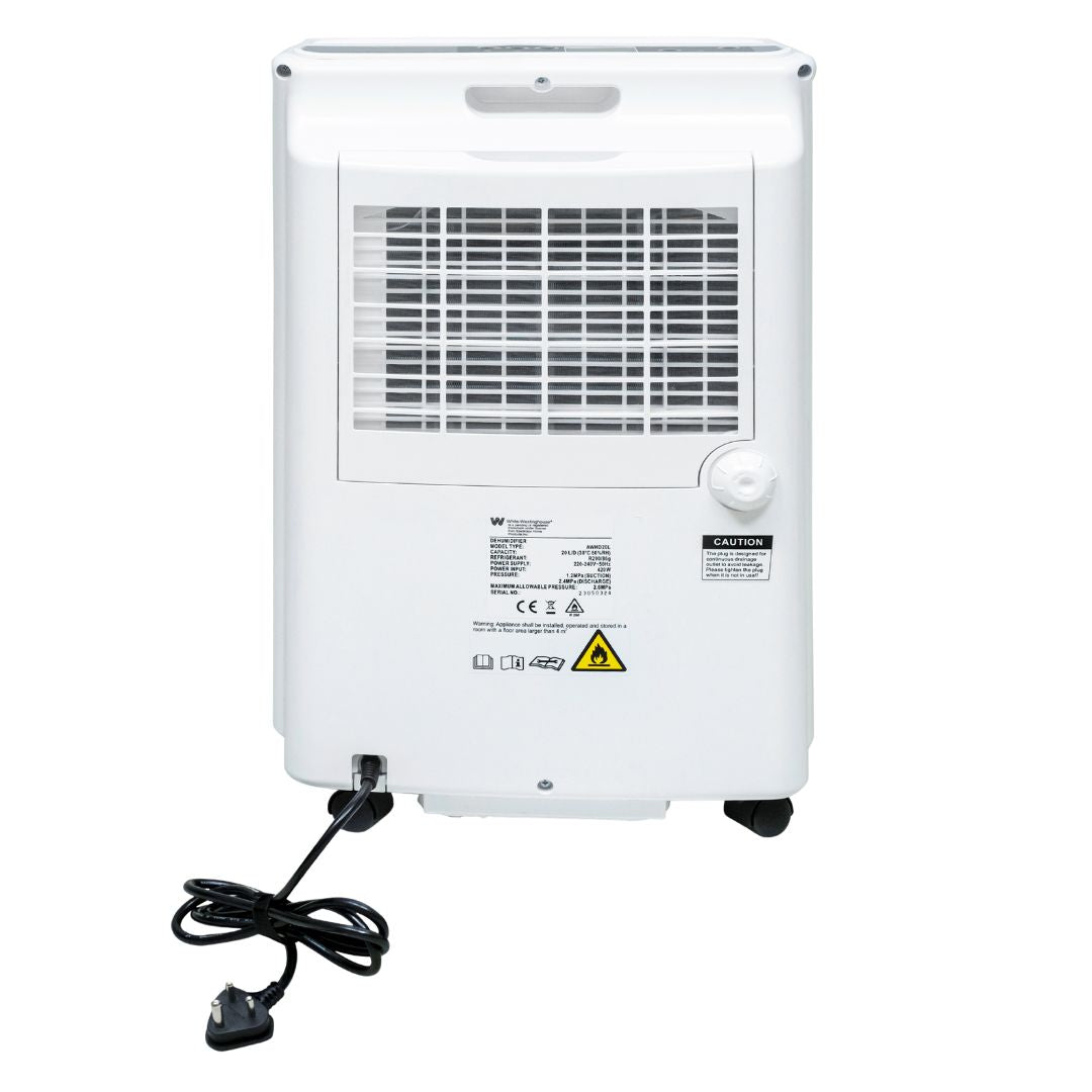 White Westinghouse AWHD-20L dehumidifier by JET INDIA, showing a compact appliance with digital controls and a water collection tank.