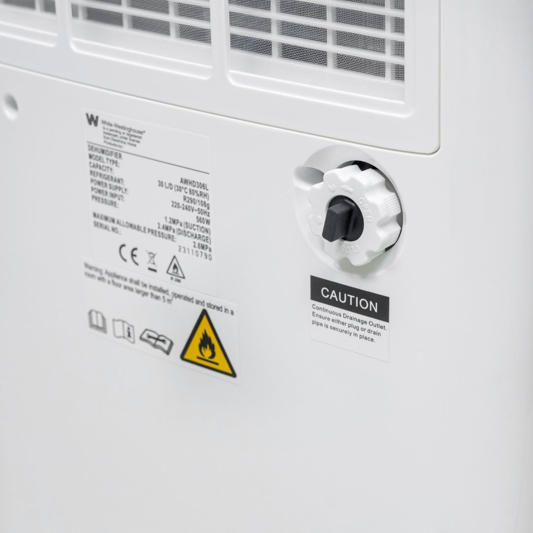 White Westinghouse AWHD-307L dehumidifier by JET INDIA showing front view with digital control panel and water tank