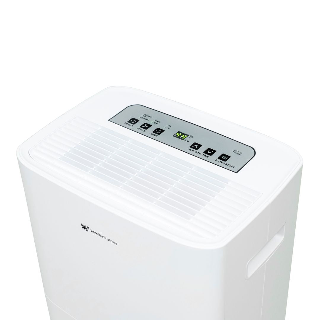 White Westinghouse AWHD-307L dehumidifier by JET INDIA showing a sleek appliance with a digital control panel and water collection tank