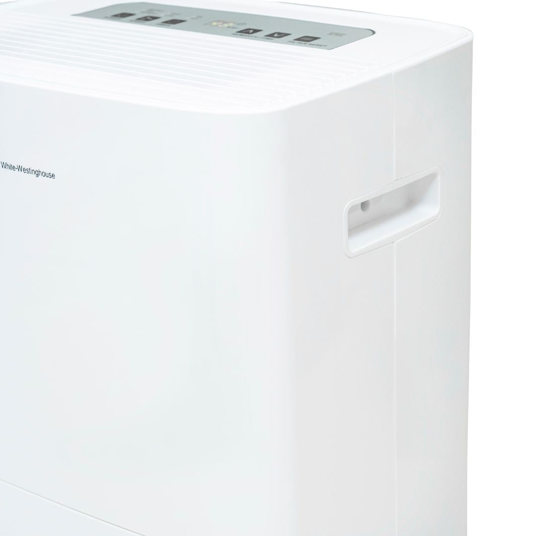 White Westinghouse AWHD-307L dehumidifier by JET INDIA, showing the compact design and control panel with digital display.