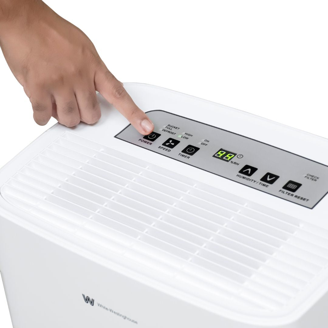 White Westinghouse AWHD-307L dehumidifier by JET INDIA, 30 litres per day, with digital controls and compact design.