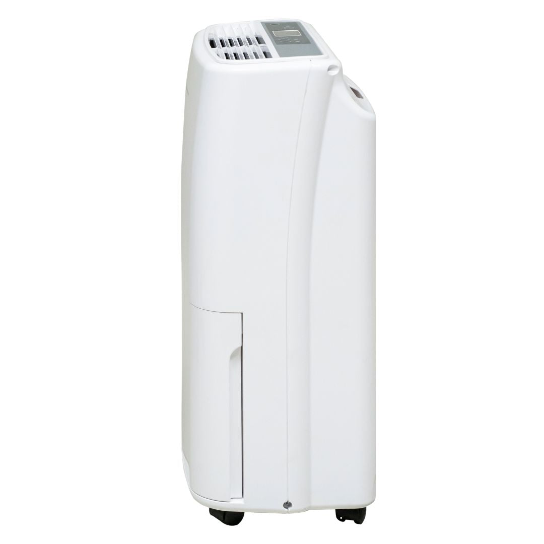 White Westinghouse AWHD-20L dehumidifier by JET INDIA showing a sleek design with digital controls and a water collection tank.