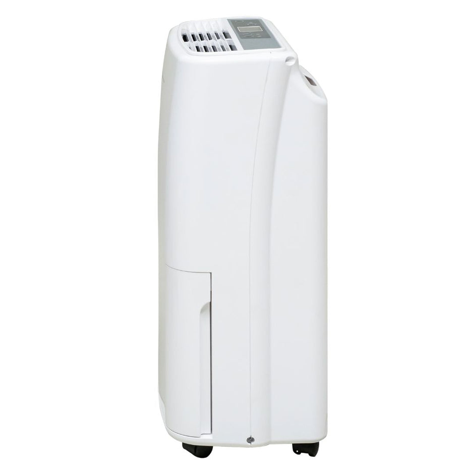 White Westinghouse AWHD-20L dehumidifier by JET INDIA showing a sleek design with digital controls and a water collection tank.