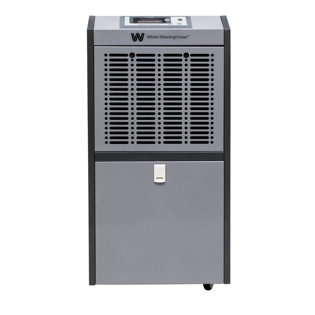 White Westinghouse WDE-110P dehumidifier by JET INDIA showing control panel and air vents in a home setting