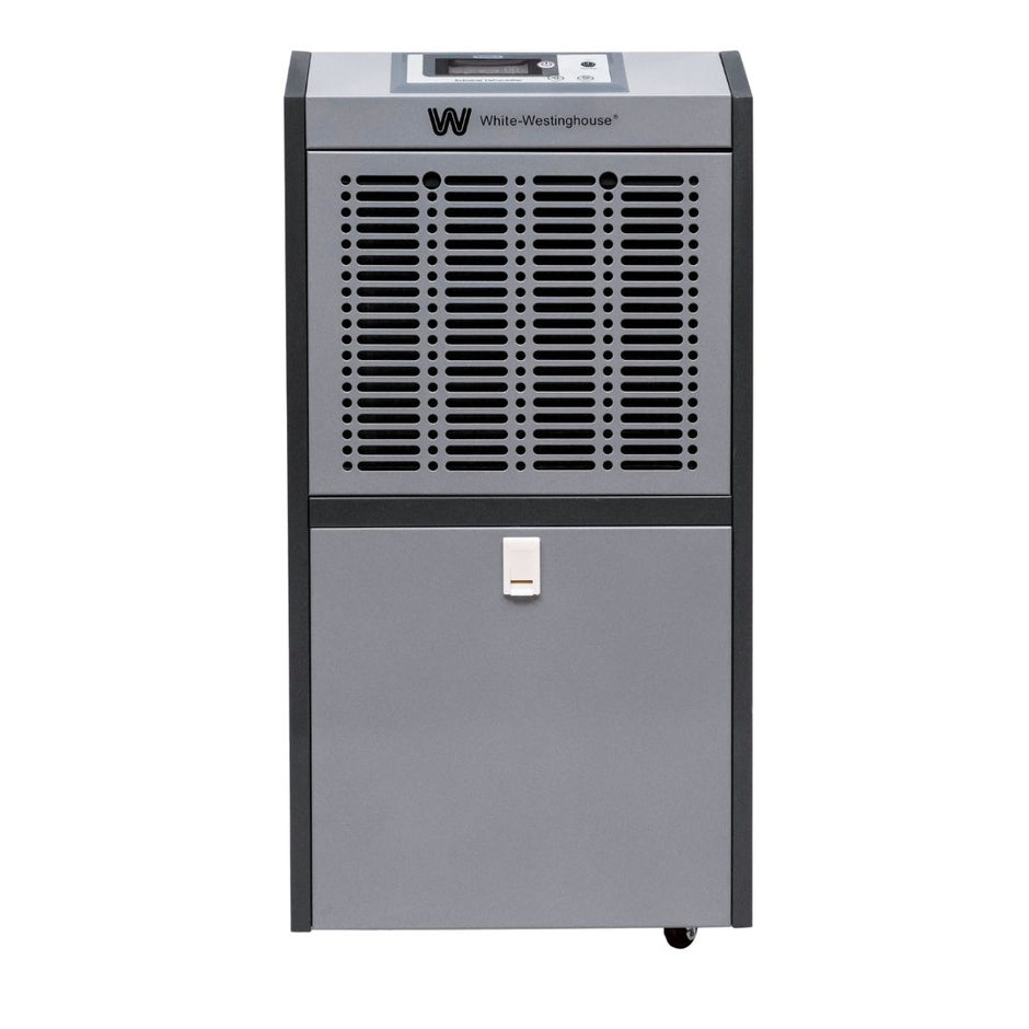 White Westinghouse WDE-110P dehumidifier by JET INDIA showing control panel and air vents in a home setting
