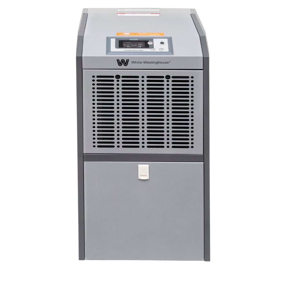White Westinghouse WDE-110P dehumidifier by JET INDIA, showing the sleek design and control panel for 110 liters per day moisture removal.