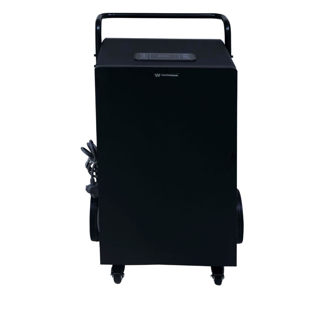 White Westinghouse WDE 100 dehumidifier by JET INDIA, 100 liters per day, with digital controls and air vent in a modern setting.