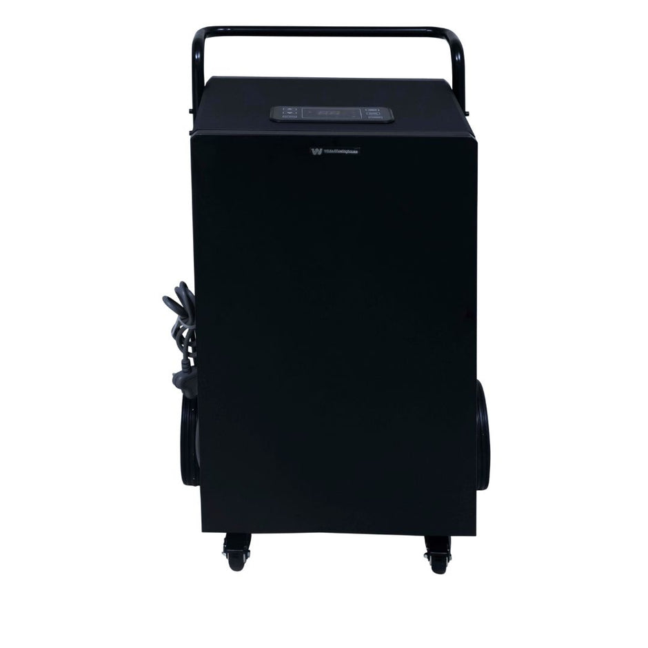 White Westinghouse WDE 100 dehumidifier by JET INDIA, 100 liters per day, with digital controls and air vent in a modern setting.