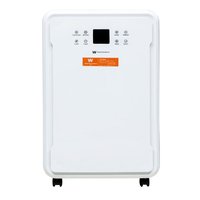 White Westinghouse WDE 702 dehumidifier by JET INDIA, 70 liters per day, showing the sleek white appliance with control panel and vents