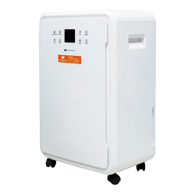 White Westinghouse WDE 702 dehumidifier by JET INDIA showing a sleek white appliance with digital controls and a 70-litre daily capacity.