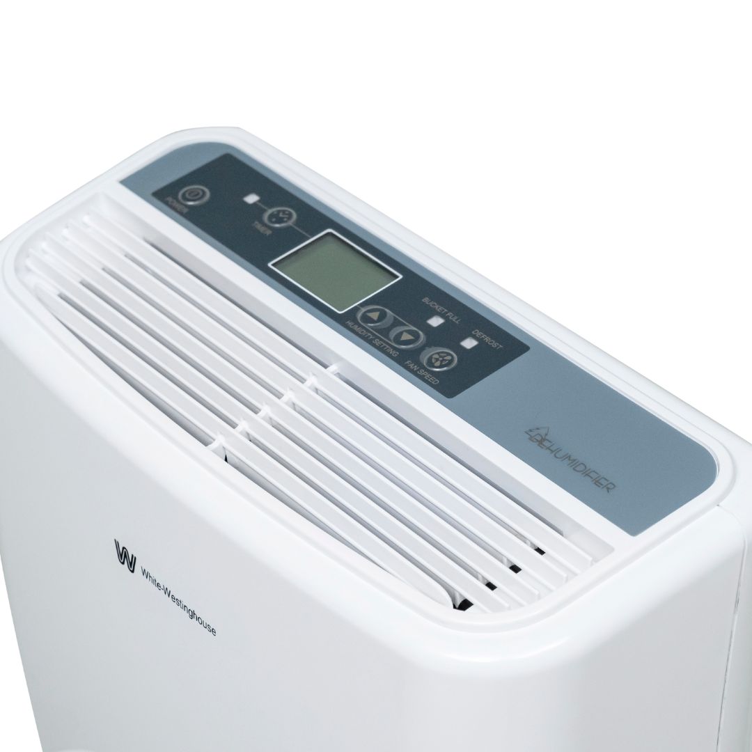 White Westinghouse AWHD-20L dehumidifier by JET INDIA showing a sleek appliance with control panel and air vents.