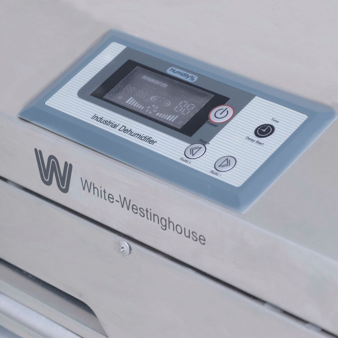 White Westinghouse WDE 110S dehumidifier by JET INDIA, 110 liters per day, showing the sleek design and control panel.