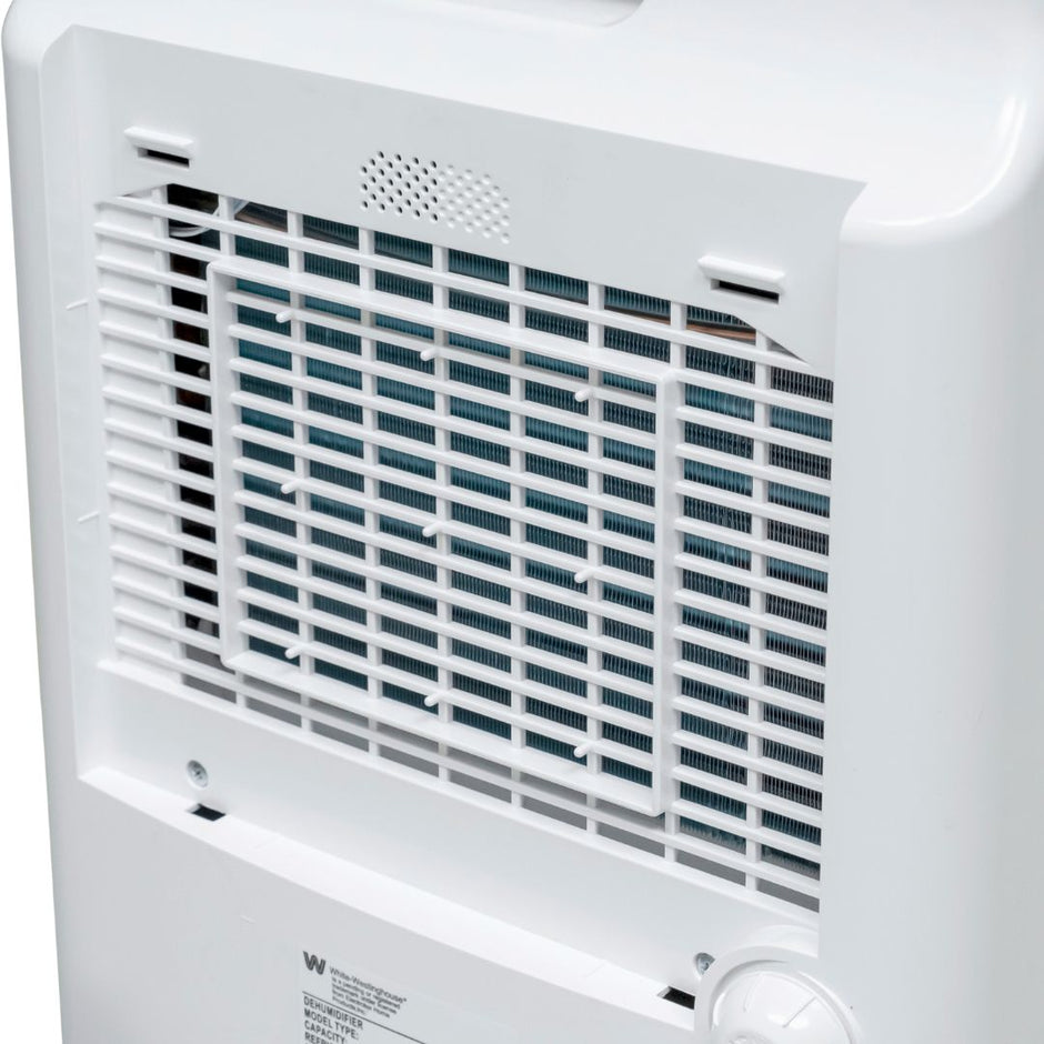 White Westinghouse AWHD-20L dehumidifier by JET INDIA showing a sleek appliance with digital controls and water collection tank.
